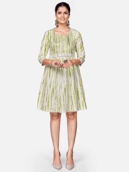Vbuyz - Women's Print & Sequence Flared Cotton Green Stitched Dress (vf-ku-1911)