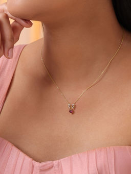 Mia by Tanishq - Winged Heart 14 kt Gold, Diamond & Pink Garnet Pendant & Chain (16.5)