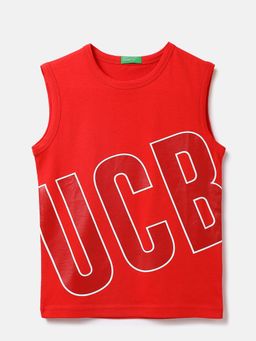 United Colors of Benetton - Cotton Printed Round Neck Boys Red Tops