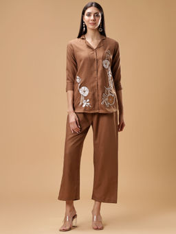 Bani Women - Floral Embroidered Shirt & Pant Brown (Set of 2)
