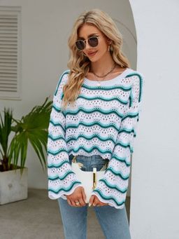 Oh Rare - Long Sleeved Blouse Round Neck New Knitted Striped Sweater for Women