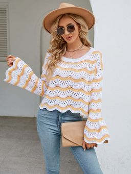 Oh Rare - Long Sleeved Blouse Round Neck New Knitted Striped Sweater for Women