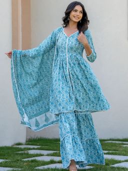 HOUSE OF JAMOTI - Sea Green Cotton Kurta with Sharara and Dupatta (Set of 3)