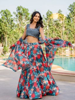 HOUSE OF JAMOTI - Saanjh Grey Lehenga with Blouse and Dupatta (Set of 3)