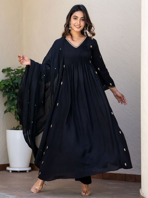 HOUSE OF JAMOTI Ebony Black Anarkali Kurta with Pant and Dupatta (Set of 3)
