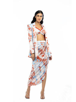 MANDIRA WIRK - Satin Printed Jacket With Cowled Skirt And Bustier Ivory & Orange (Set of 3)