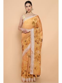 Soch - Women Mustard Linen Floral Saree with Unstitched Blouse