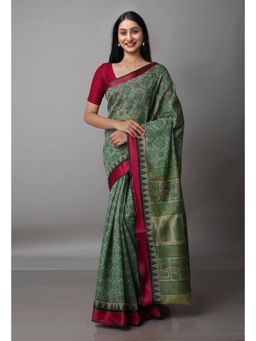 Unnati Silks - Green Block Printed Sico Saree with Unstitched Blouse