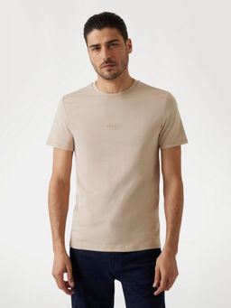 Guess - Mens Beige Solid Round Neck Short Sleeves T-Shirt