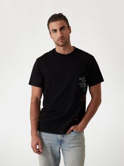 Guess - Mens Black Patchwork Round Neck Short Sleeves T-Shirt
