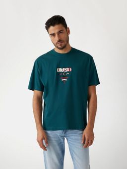 Guess - Mens Teal Graphic Round Neck Short Sleeves T-Shirt