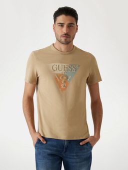 Guess - Mens Beige Graphic Round Neck Short Sleeves T-Shirt