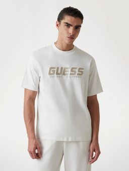 Guess - Mens White Embroidered Round Neck Short Sleeves T-Shirt