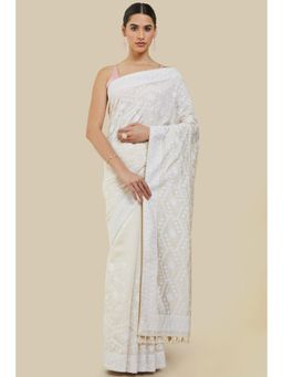 Soch - Women Off White Silk Embroidered Saree with Unstitched Blouse