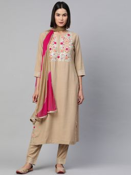 Readiprint - Straight Viscose Beige Kurta with Bottom and Dupatta (Set of 3)