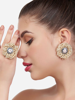 Zaveri Pearls - Grey Meenakari Flower Kundan Cluster Pearls Stud Earring & Ring Set (Set of 2)