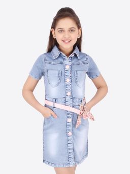 Cutecumber - Girls Blue Denim Dress With Belt Pink Buttons Chest Pockets