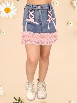 Cutecumber - Girls Denim Skirt With Pink Ribbon Lace-Up And Ruffle Hem