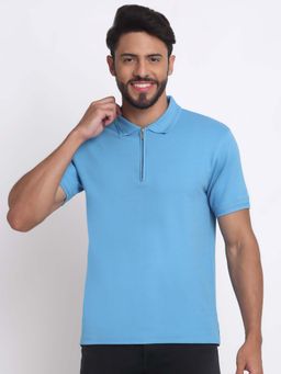 Selfusion - Men's Sky Blue Quarter-Zip Slim Fit Premium Cotton Polo T-Shirt