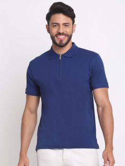 Selfusion - Men's Navy Blue Quarter-Zip Slim Fit Premium Cotton Polo T-Shirt
