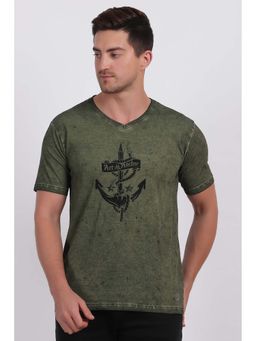 Selfusion - Men's Olive Green Graphic Printed T-Shirt
