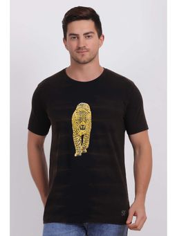 Selfusion - Men's Black Leopard Printed Cotton Slim Fit T-Shirt