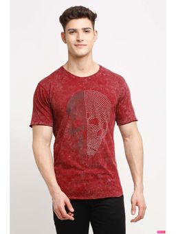 Selfusion - Men's Red Skull Printed Cotton T-Shirt