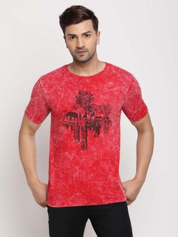 Selfusion - Men's Red Wildlife Cityscape Printed T-Shirt