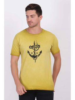 Selfusion - Men's Mustard Yellow Printed Cotton T-Shirt