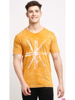 Selfusion - Men's Mustard Yellow Typography Slim Fit T-Shirt