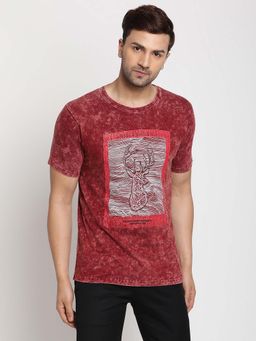 Selfusion - Men's Maroon Deer Printed Cotton T-Shirt