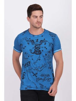 Selfusion - Men's Blue Vintage Printed Cotton T-Shirt