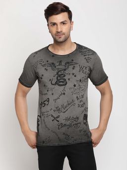 Selfusion - Men's Charcoal Grey Vintage Biker Graphic Slim Cotton T-Shirt