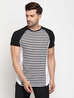 Selfusion - Men's Black Striped Cotton Slim T-Shirt