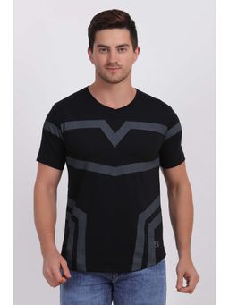 Selfusion - Men's Black Chevron Printed Slim Fit Cotton T-Shirt