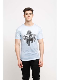 Selfusion - Men's Sky Blue Wildlife Cityscape Printed Cotton T-Shirt