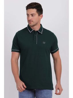 Selfusion - Men's Dark Green Tipped Brand Logo Slim Fit Cotton Polo T-Shirt
