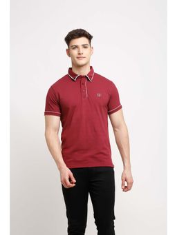 Selfusion - Men's Maroon Tipped Brand Logo Slim Fit Cotton Polo T-Shirt