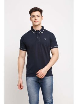 Selfusion - Men's Navy Blue Tipped Brand Logo Slim Fit Cotton Polo T-Shirt