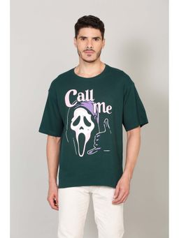 Selfusion - Men's Dark Green Ghost Printed Cotton T-Shirt