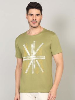 Selfusion - Men's Olive Green Typography Printed Cotton Slim Fit T-Shirt