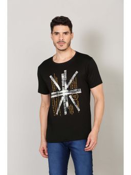 Selfusion - Men's Black Typography Printed Cotton Blend Slim Fit T-Shirt