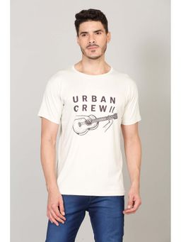 Selfusion - Men's Off-White Urban Crew Guitar Graphic Printed Cotton T-Shirt