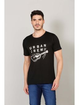 Selfusion - Men's Black Urban Crew Guitar Printed Cotton Slim Fit T-Shirt