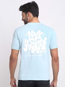 Selfusion - Men's Sky Blue Puff Typographic Printed Cotton T-Shirt