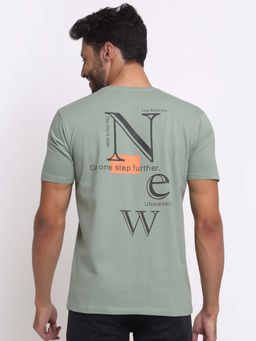 Selfusion - Men's Sage Green Typography Printed Slim Fit T-Shirt