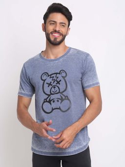 Selfusion - Men's Blue Heathered Bear Graphic Printed Slim Cotton T-Shirt