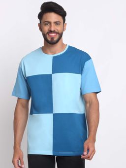Selfusion - Men's Blue Checkered Premium Cotton Slim T-Shirt