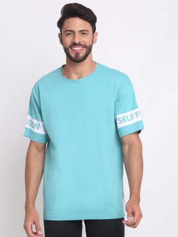 Selfusion - Men's Turquoise Drop-Shoulder Typography Sleeve Cotton T-Shirt