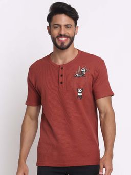 Selfusion - Men's Rust Waffle Knit Henley Panda Pocket Graphic Cotton T-Shirt